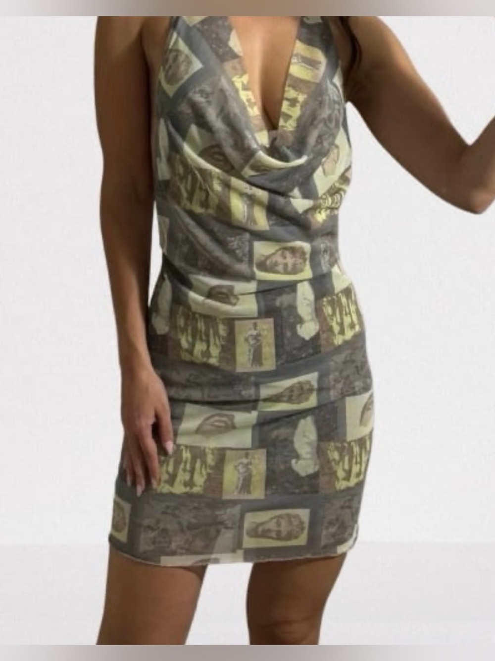 Forever 21 Grey & Yellow Halter Cowl Neck Semi-sheer Print Mini Dress Sz L NWT